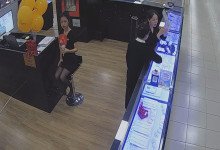 The jewelry store hostess in black nylon show us her cute feet! 9
