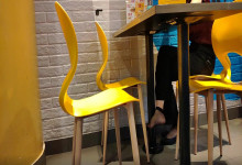 The lady dangling shoeplay under the table when having lunch 19