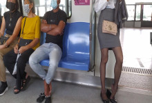 The hot girl in black nylon great dipping shoeplay on the subway
