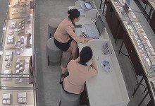 The jewelry store hostess sit down and dipping dangling shoeplay
