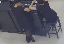 The jewelry store hostess in black nylon show us her cute feet! 11