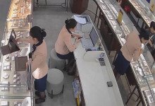 The jewelry store hostess in black nylon dipping shoeplay under the table 4