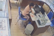 The jewelry store hostess in black nylon danging shoeplay 36