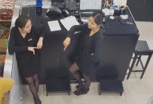 The jewelry store hostess in black nylon show us her cute feet! 152