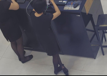 The jewelry store hostess in black nylon show us her cute feet! 194
