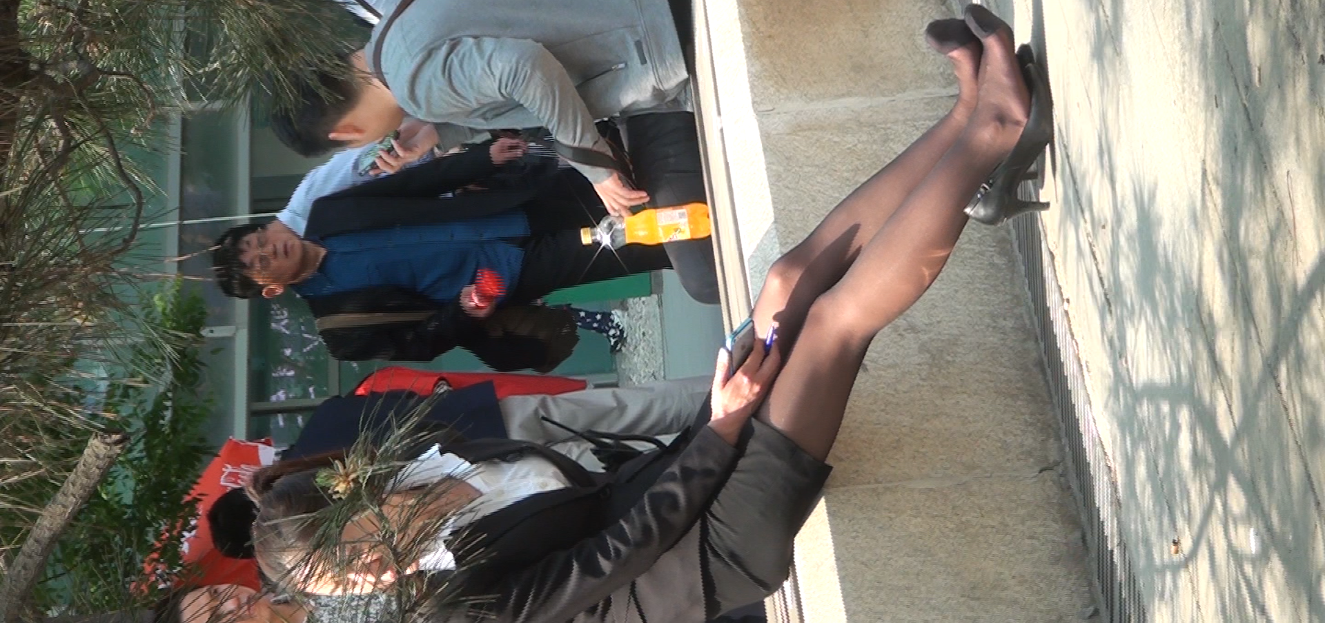 Office lady relax her sexy black nylon feet 