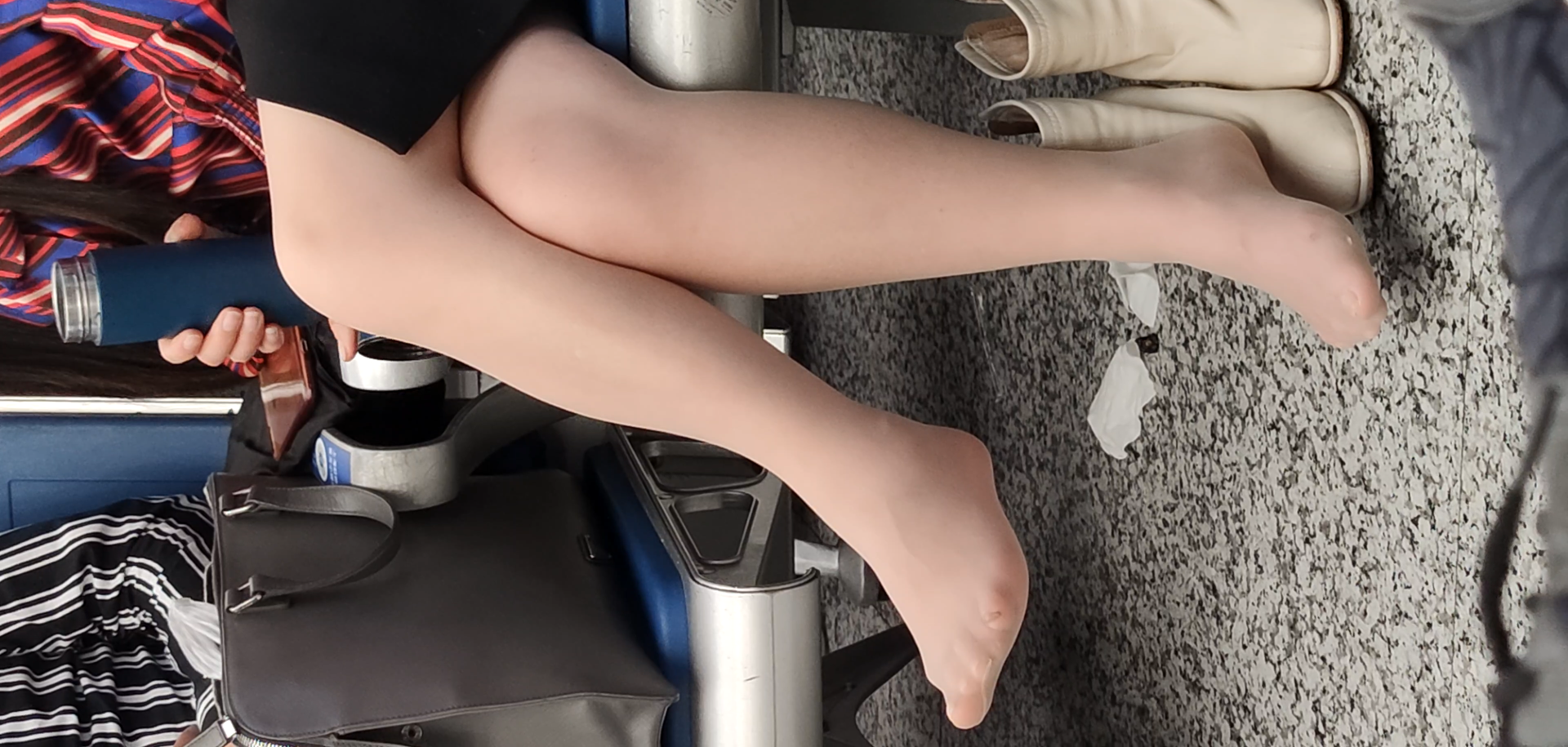 Pretty lady remove flat Shoes footmassage by herself