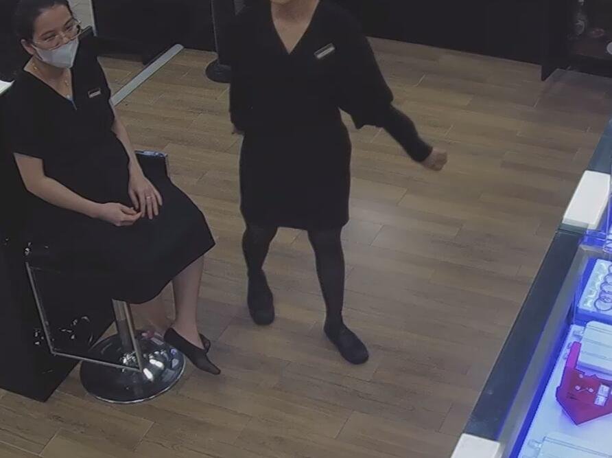 The jewelry store hostess in black nylon show us her cute feet! 216