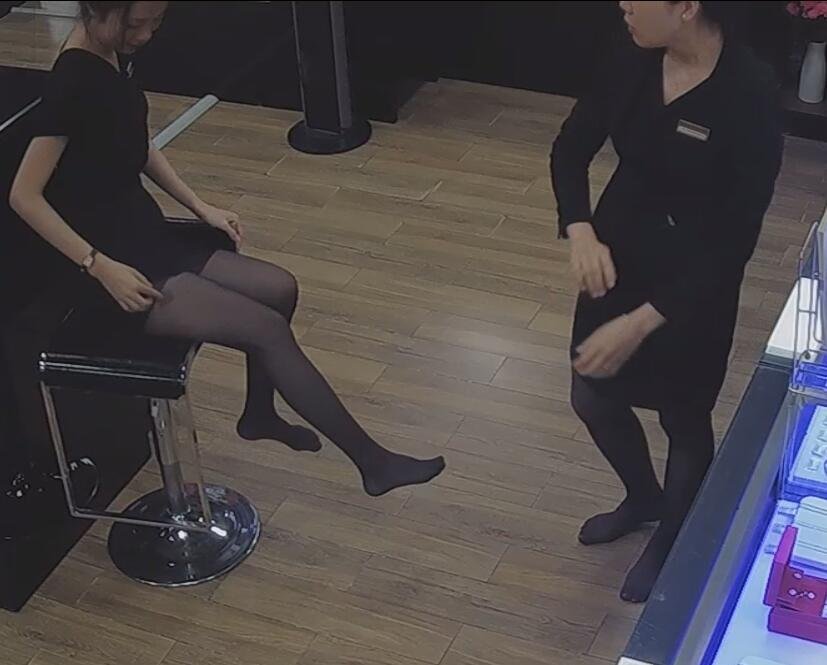 The jewelry store hostess in black nylon show us her cute feet! 257