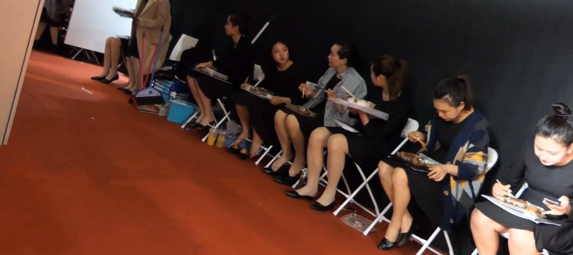 Group of hostess dipping and shoeplay when having lunch 2