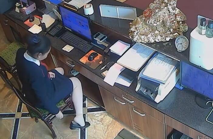 The hotel receptionist in nylon great dangling dipping and shoeplay 9