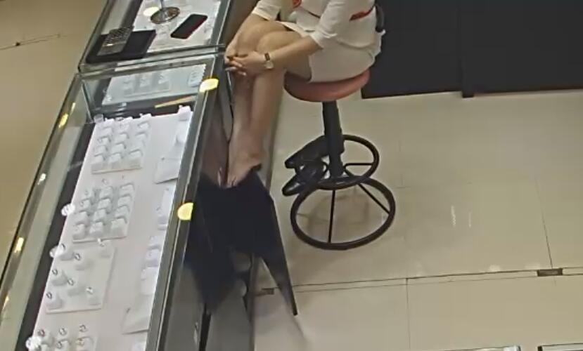 The jewelry store hostess in white dress great dipping shoeplay 34