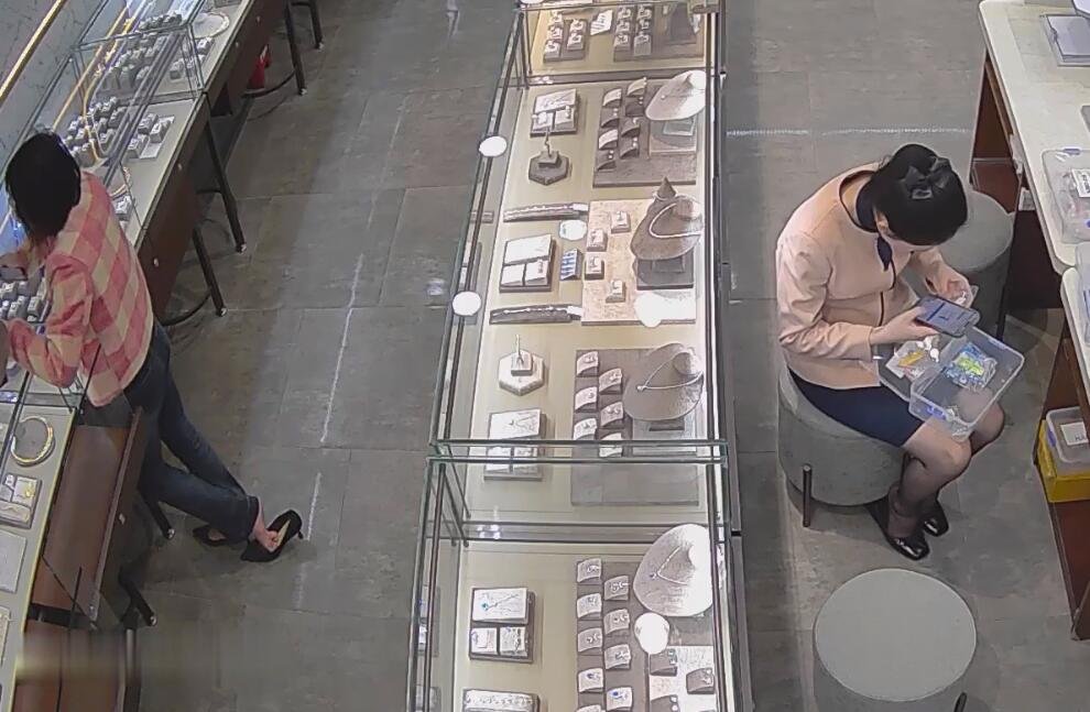 The jewelry store hostess in black nylon dipping shoeplay