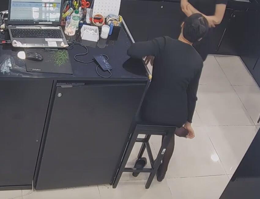 The jewelry store hostess in black nylon show us her cute feet! 244